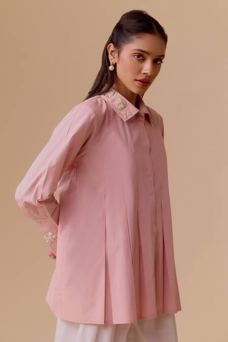 Bunka_Pink Embroidery Collared Cotton Poplin Shirt _Online_at_Aza_Fashions