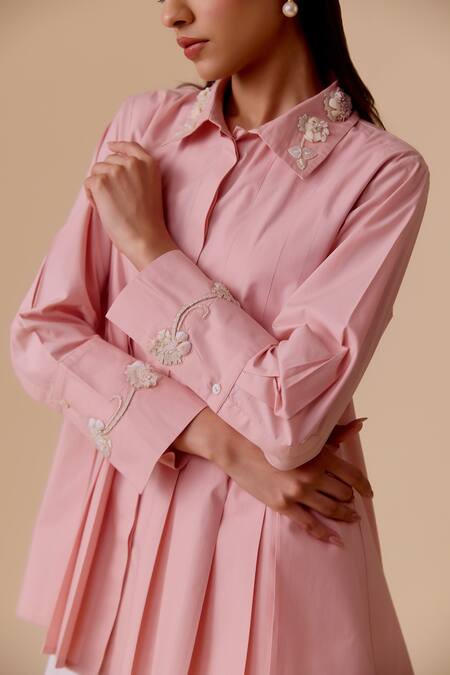 Buy_Bunka_Pink Embroidery Collared Cotton Poplin Shirt _Online_at_Aza_Fashions