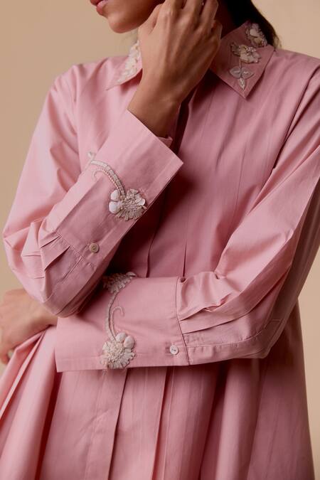 Shop_Bunka_Pink Embroidery Collared Cotton Poplin Shirt _Online_at_Aza_Fashions