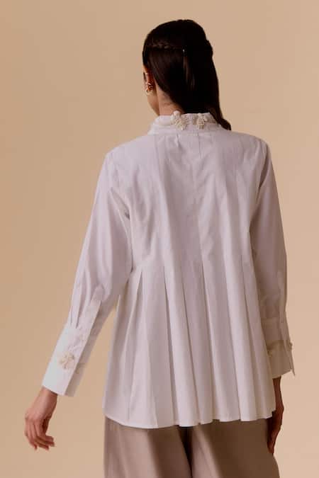 Shop Bunka White Embroidery Collared Cotton Poplin Shirt at Aza Fashions Shop_Bunka_White Embroidery Collared Cotton Poplin Shirt _at_Aza_Fashions