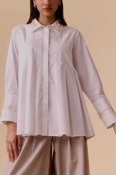 Bunka White Embroidery Collared Cotton Poplin Shirt Online at Aza Fashions Bunka_White Embroidery Collared Cotton Poplin Shirt _Online_at_Aza_Fashions