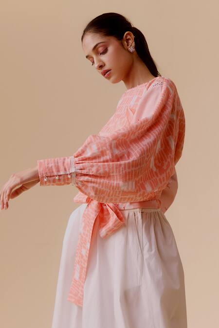 Bunka Pink Pearls, Lace Round Neck Printed Cotton Tie Waist Top Online at Aza Fashions Bunka_Pink Pearls, Lace Round Neck Printed Cotton Tie Waist Top _Online_at_Aza_Fashions