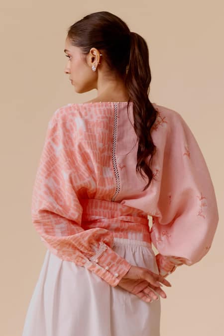 Shop Bunka Pink Pearls, Lace Round Neck Printed Cotton Tie Waist Top at Aza Fashions Shop_Bunka_Pink Pearls, Lace Round Neck Printed Cotton Tie Waist Top _at_Aza_Fashions