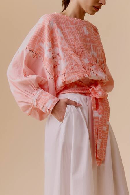 Buy Bunka Pink Pearls, Lace Round Neck Printed Cotton Tie Waist Top Online at Aza Fashions Buy_Bunka_Pink Pearls, Lace Round Neck Printed Cotton Tie Waist Top _Online_at_Aza_Fashions