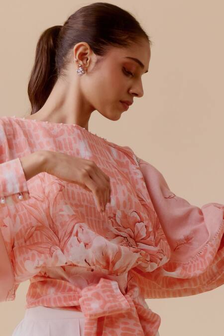 Shop Bunka Pink Pearls, Lace Round Neck Printed Cotton Tie Waist Top Online at Aza Fashions Shop_Bunka_Pink Pearls, Lace Round Neck Printed Cotton Tie Waist Top _Online_at_Aza_Fashions