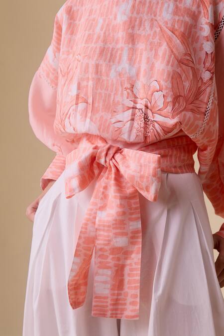Bunka Pink Pearls, Lace Round Neck Printed Cotton Tie Waist Top at Aza Fashions Bunka_Pink Pearls, Lace Round Neck Printed Cotton Tie Waist Top _at_Aza_Fashions