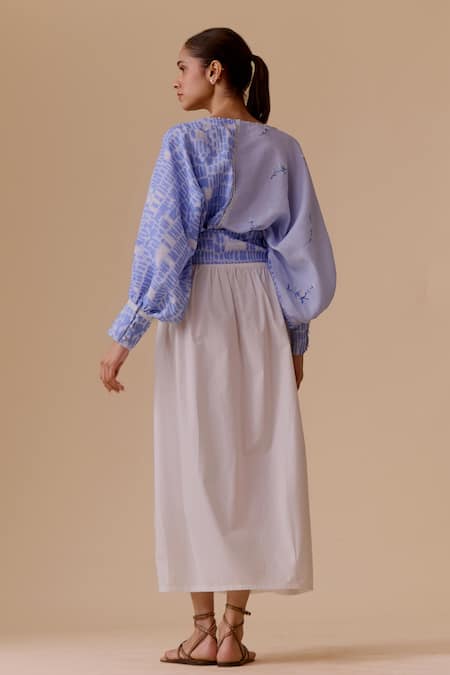 Shop Bunka Blue Pearls Round Neck Printed Cotton Top With Tie Detail at Aza Fashions Shop_Bunka_Blue Pearls Round Neck Printed Cotton Top With Tie Detail _at_Aza_Fashions