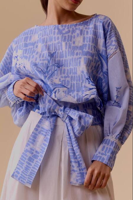 Bunka Blue Pearls Round Neck Printed Cotton Top With Tie Detail Online at Aza Fashions Bunka_Blue Pearls Round Neck Printed Cotton Top With Tie Detail _Online_at_Aza_Fashions