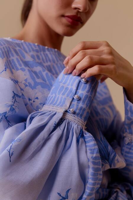 Buy Bunka Blue Pearls Round Neck Printed Cotton Top With Tie Detail Online at Aza Fashions Buy_Bunka_Blue Pearls Round Neck Printed Cotton Top With Tie Detail _Online_at_Aza_Fashions