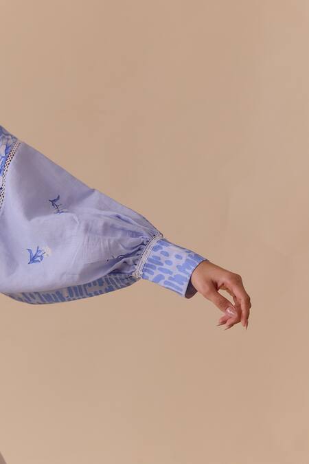 Shop Bunka Blue Pearls Round Neck Printed Cotton Top With Tie Detail Online at Aza Fashions Shop_Bunka_Blue Pearls Round Neck Printed Cotton Top With Tie Detail _Online_at_Aza_Fashions