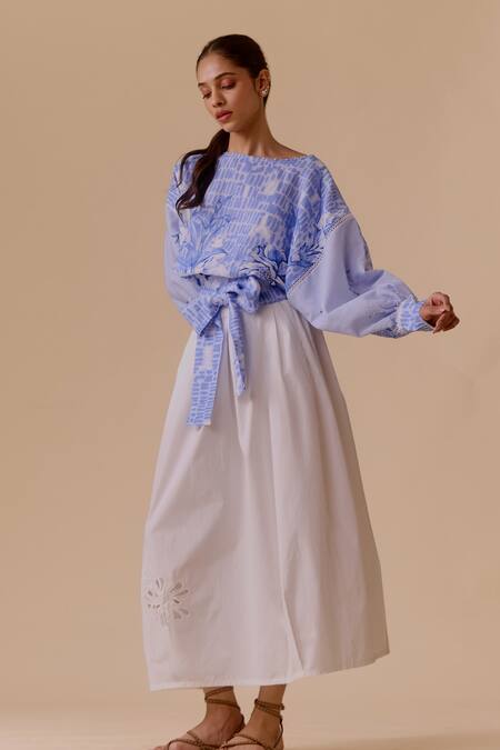 Bunka Blue Pearls Round Neck Printed Cotton Top With Tie Detail at Aza Fashions Bunka_Blue Pearls Round Neck Printed Cotton Top With Tie Detail _at_Aza_Fashions