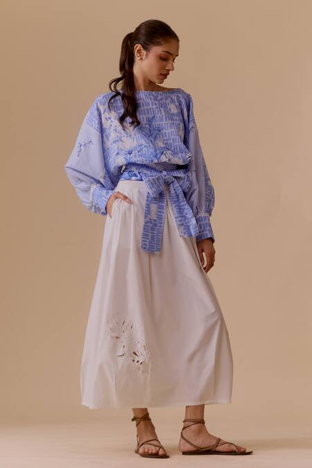 Buy Bunka Blue Pearls Round Neck Printed Cotton Top With Tie Detail Buy_Bunka_Blue Pearls Round Neck Printed Cotton Top With Tie Detail