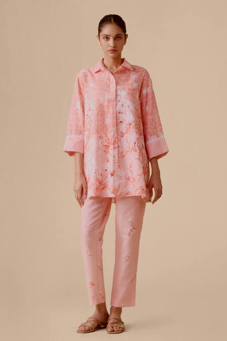 Bunka_Pink Linen Collared Printed Tunic Set _Online_at_Aza_Fashions