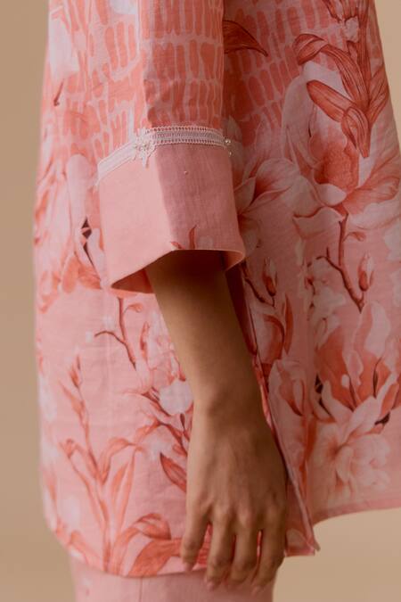 Buy_Bunka_Pink Linen Collared Printed Tunic Set _Online_at_Aza_Fashions
