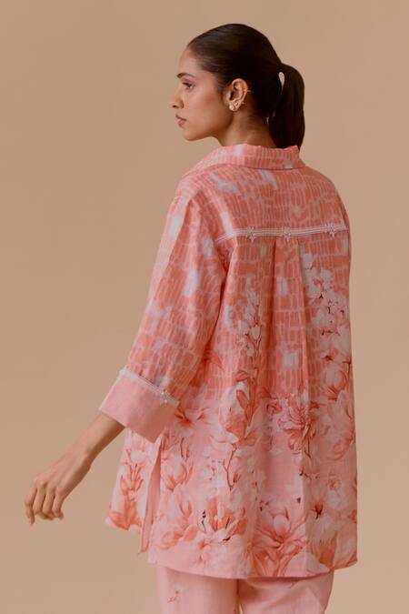 Shop_Bunka_Pink Linen Collared Printed Tunic Set _at_Aza_Fashions