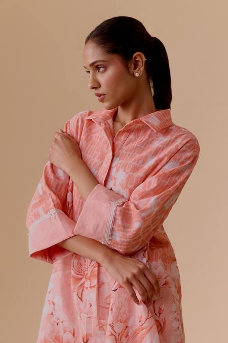 Shop_Bunka_Pink Linen Collared Printed Tunic Set _Online_at_Aza_Fashions