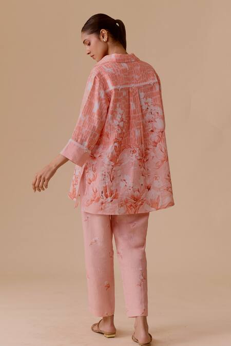 Bunka_Pink Linen Collared Printed Tunic Set _at_Aza_Fashions