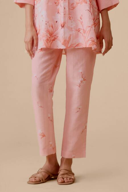 Bunka Pink Linen Printed Narrow Pants Online at Aza Fashions Bunka_Pink Linen Printed Narrow Pants _Online_at_Aza_Fashions