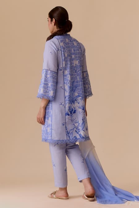 Shop Bunka Blue Linen, Kota Doria Lace, Pearls V-neck Printed Kurta Set With Dupatta at Aza Fashions Shop_Bunka_Blue Linen, Kota Doria Lace, Pearls V-neck Printed Kurta Set With Dupatta _at_Aza_Fashions