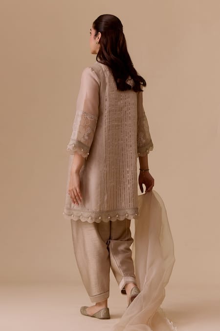 Shop Bunka Beige Organza, Viscose, Beads, Embroidery Split Floral Kurta Set at Aza Fashions Shop_Bunka_Beige Organza, Viscose, Beads, Embroidery Split Floral Kurta Set _at_Aza_Fashions