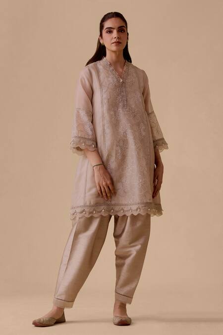 Buy Bunka Beige Organza, Viscose, Beads, Embroidery Split Floral Kurta Set Online at Aza Fashions Buy_Bunka_Beige Organza, Viscose, Beads, Embroidery Split Floral Kurta Set _Online_at_Aza_Fashions