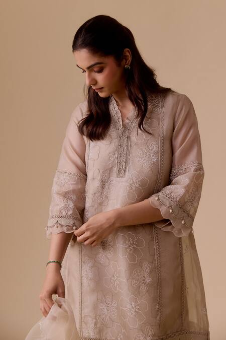 Buy Bunka Beige Organza, Viscose, Beads, Embroidery Split Floral Kurta Set Buy_Bunka_Beige Organza, Viscose, Beads, Embroidery Split Floral Kurta Set