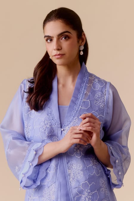 Bunka_Blue Silk Organza, Cotton Satin Lace V-neck Insert Choga Style Kurta Set _Online_at_Aza_Fashions
