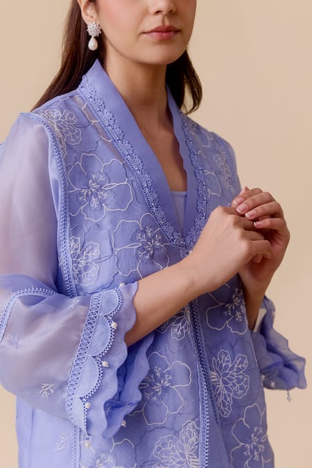 Shop_Bunka_Blue Silk Organza, Cotton Satin Lace V-neck Insert Choga Style Kurta Set _Online_at_Aza_Fashions