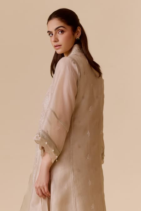 Bunka_Beige Silk Organza, Cotton Satin Lace, Beads V-neck Choga Style Kurta Set _Online_at_Aza_Fashions