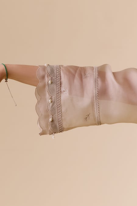 Buy_Bunka_Beige Silk Organza, Cotton Satin Lace, Beads V-neck Choga Style Kurta Set _Online_at_Aza_Fashions