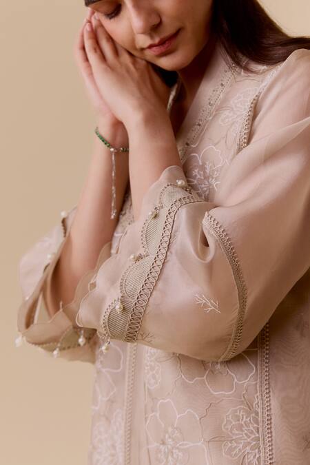 Shop_Bunka_Beige Silk Organza, Cotton Satin Lace, Beads V-neck Choga Style Kurta Set _Online_at_Aza_Fashions