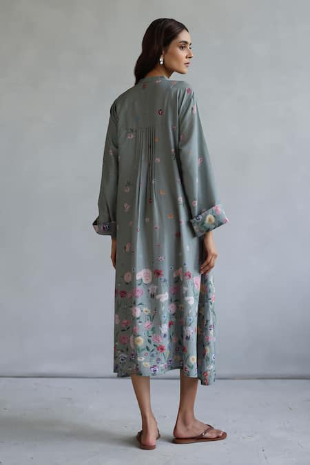 Shop Roza Gray Linen Embroidery Round Neck Floral Pleated Midi Dress at Aza Fashions Shop_Roza_Gray Linen Embroidery Round Neck Floral Pleated Midi Dress _at_Aza_Fashions