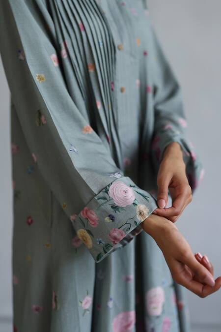 Roza_Gray Linen Embroidery Round Neck Floral Pleated Midi Dress _Online_at_Aza_Fashions