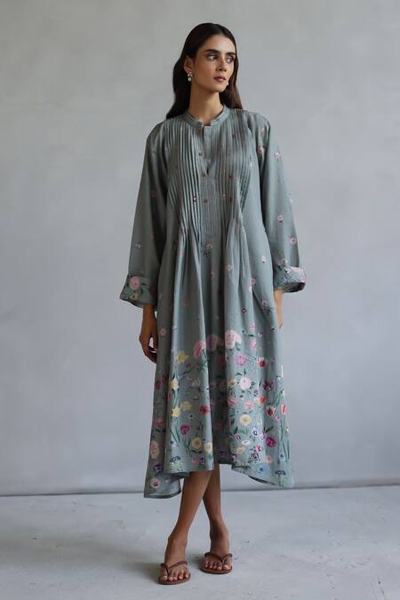 Buy Roza Gray Linen Embroidery Round Neck Floral Pleated Midi Dress Online at Aza Fashions Buy_Roza_Gray Linen Embroidery Round Neck Floral Pleated Midi Dress _Online_at_Aza_Fashions
