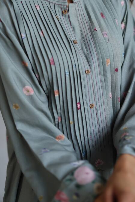 Shop_Roza_Gray Linen Embroidery Round Neck Floral Pleated Midi Dress _Online_at_Aza_Fashions