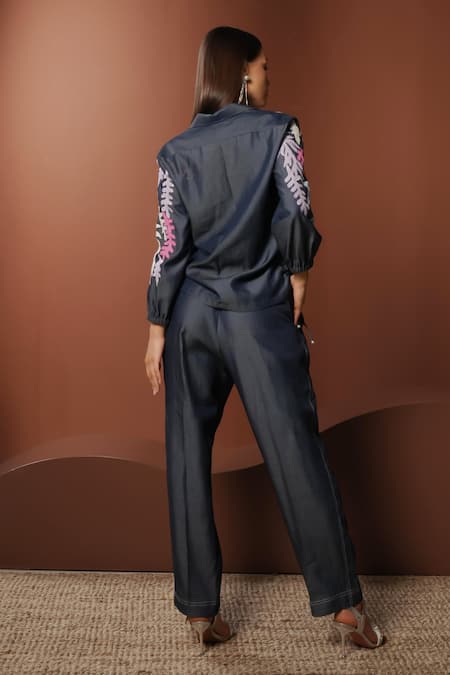 Shop_Vidhi Wadhwani_Gray Denim Embroidery, Sequins Collared Floral Applique Shirt _at_Aza_Fashions