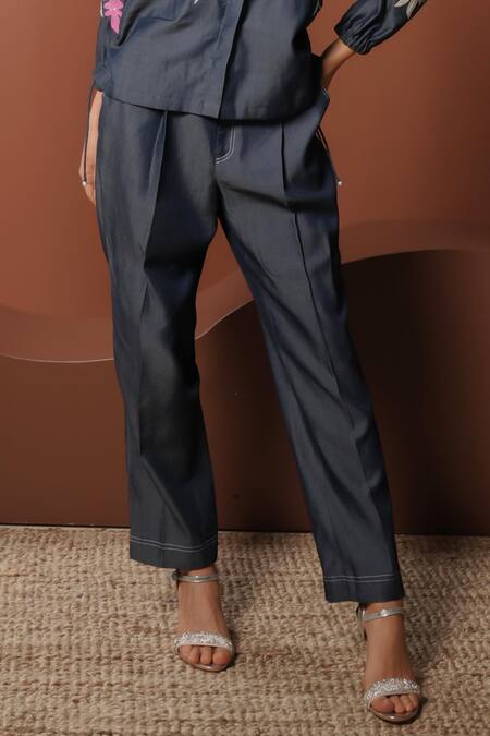 Vidhi Wadhwani_Gray Denim Embroidery, Sequins Collared Floral Applique Shirt _Online_at_Aza_Fashions