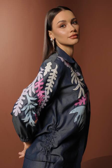Buy_Vidhi Wadhwani_Gray Denim Embroidery, Sequins Collared Floral Applique Shirt _Online_at_Aza_Fashions