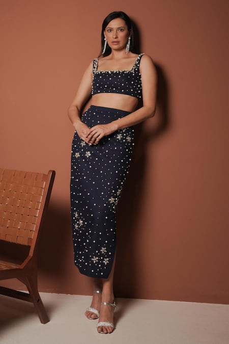 Vidhi Wadhwani_Blue Denim Diamonds Scoop Neck Constellation Embellished Skirt Set _Online_at_Aza_Fashions