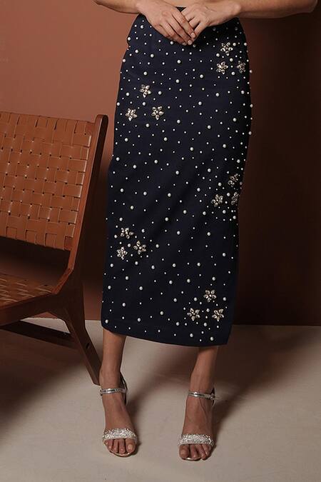 Shop_Vidhi Wadhwani_Blue Denim Diamonds Scoop Neck Constellation Embellished Skirt Set _Online_at_Aza_Fashions