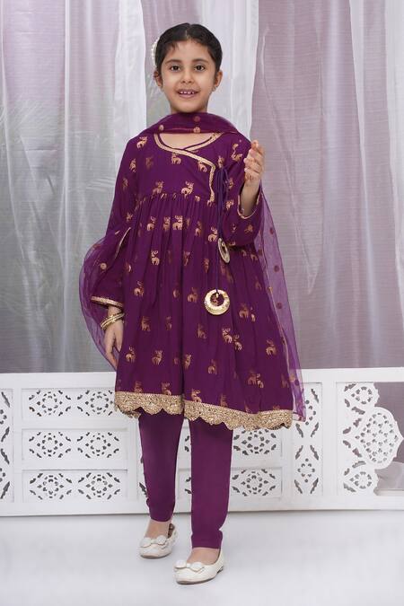 Buy_Little Bansi_Purple Cotton Zari, Lace, Embroidery Angarkha Pant Set_Online_at_Aza_Fashions