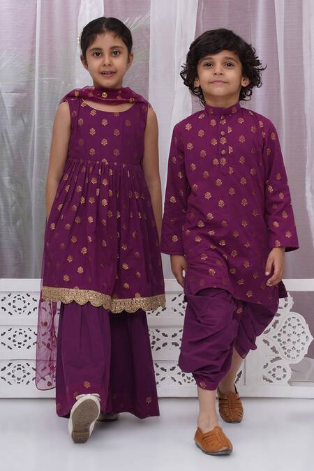 Shop_Little Bansi_Purple Cotton Zari, Lace, Embroidery Angarkha Pant Set_Online_at_Aza_Fashions