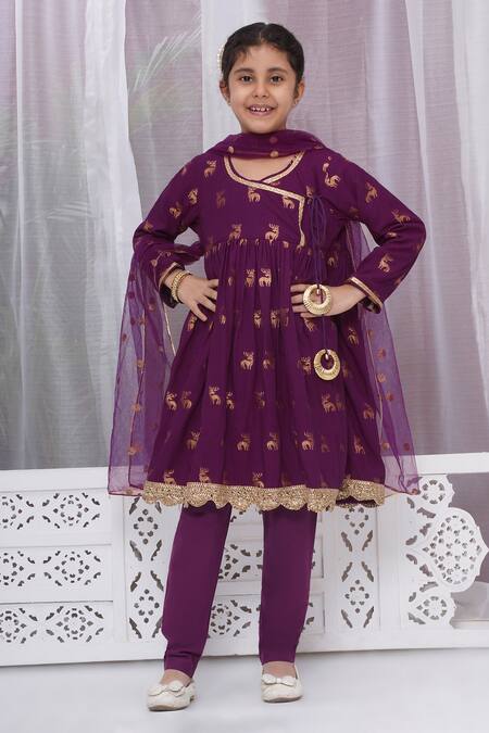 Little Bansi_Purple Cotton Zari, Lace, Embroidery Angarkha Pant Set_at_Aza_Fashions
