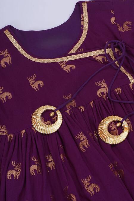Buy_Little Bansi_Purple Cotton Zari, Lace, Embroidery Angarkha Pant Set