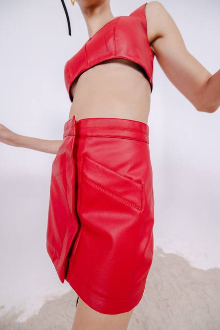 Shop July Issue Red Faux Leather Square Neck Raya Long Blazer And Mini Skirt Set Online at Aza Fashions Shop_July Issue_Red Faux Leather Square Neck Raya Long Blazer And Mini Skirt Set _Online_at_Aza_Fashions