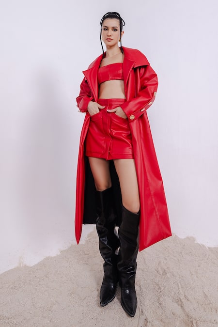 July Issue Red Faux Leather Square Neck Raya Long Blazer And Mini Skirt Set at Aza Fashions July Issue_Red Faux Leather Square Neck Raya Long Blazer And Mini Skirt Set _at_Aza_Fashions