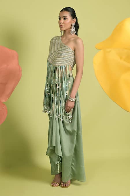 Rishi And Vibhuti_Green Chanderi Beads One Shoulder Matcha Kurta Set _Online_at_Aza_Fashions