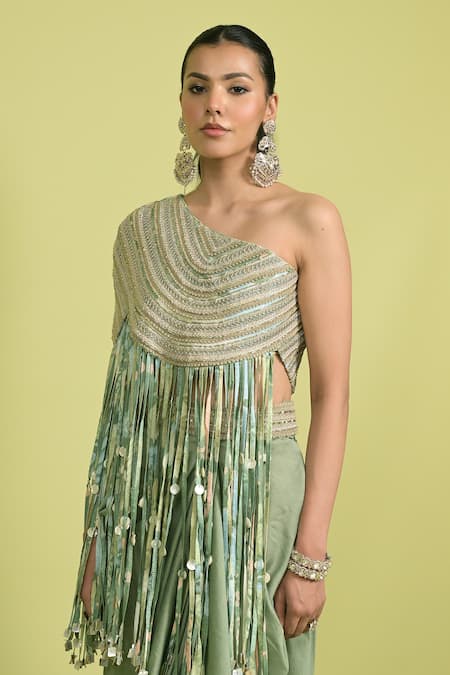 Buy_Rishi And Vibhuti_Green Chanderi Beads One Shoulder Matcha Kurta Set _Online_at_Aza_Fashions