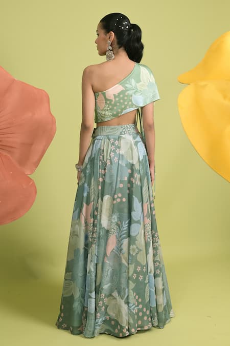 Shop_Rishi And Vibhuti_Green Organza Beads Asymmetric Matcha Ethereal Charm Lehenga Set _at_Aza_Fashions