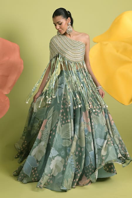 Buy_Rishi And Vibhuti_Green Organza Beads Asymmetric Matcha Ethereal Charm Lehenga Set _Online_at_Aza_Fashions